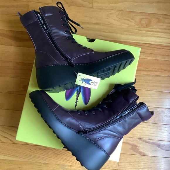 Fly London Daff Leather Wedge Combat Boot Dark Purple Sofia SZ 41/US 10 - Picture 8 of 16